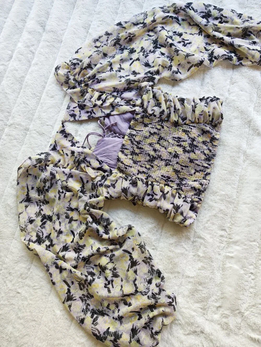 Free People Floral Ruched Blouse Top Puff Sleeve Tie Front Cottagecore Boho Roma - Picture 11 of 13